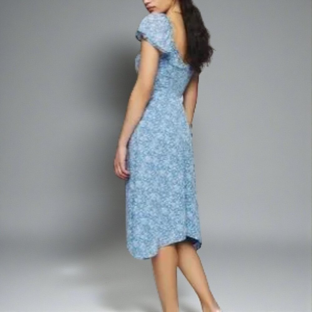 Reformation Marby Dress Blue Floral Asymmetrical Midi Puff Sleeve Size 6 - Picture 5 of 15